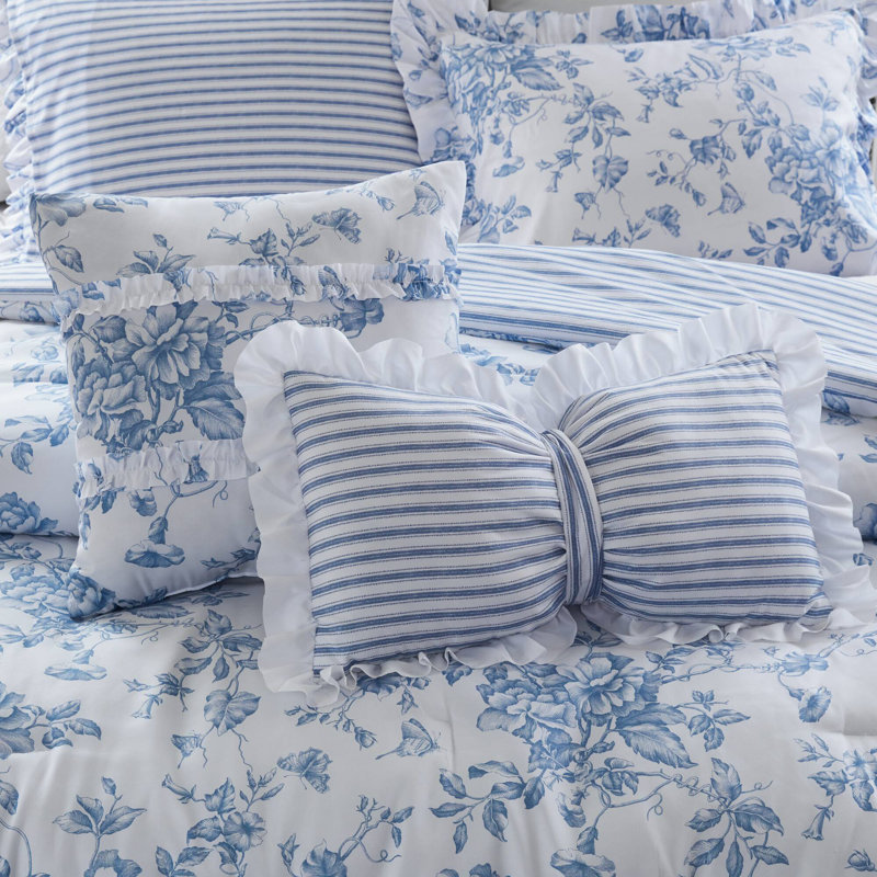 Adele 5 Pieces Comforter Set With Decorative Pillows, Blue Floral, Full/Queen Comforter + 4 Additional Pieces