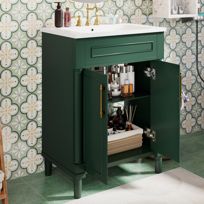 Meuble-lavabo 24 po avec lavabo intégré en céramique, armoire avec 2 portes, lavabo simple pour petites et moyennes toilettes