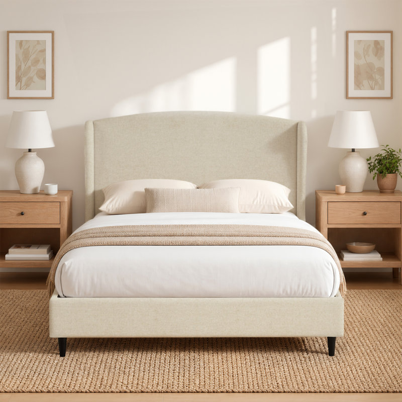 Mikala Wingback Platform Bed Frame, Full, Beige Linen