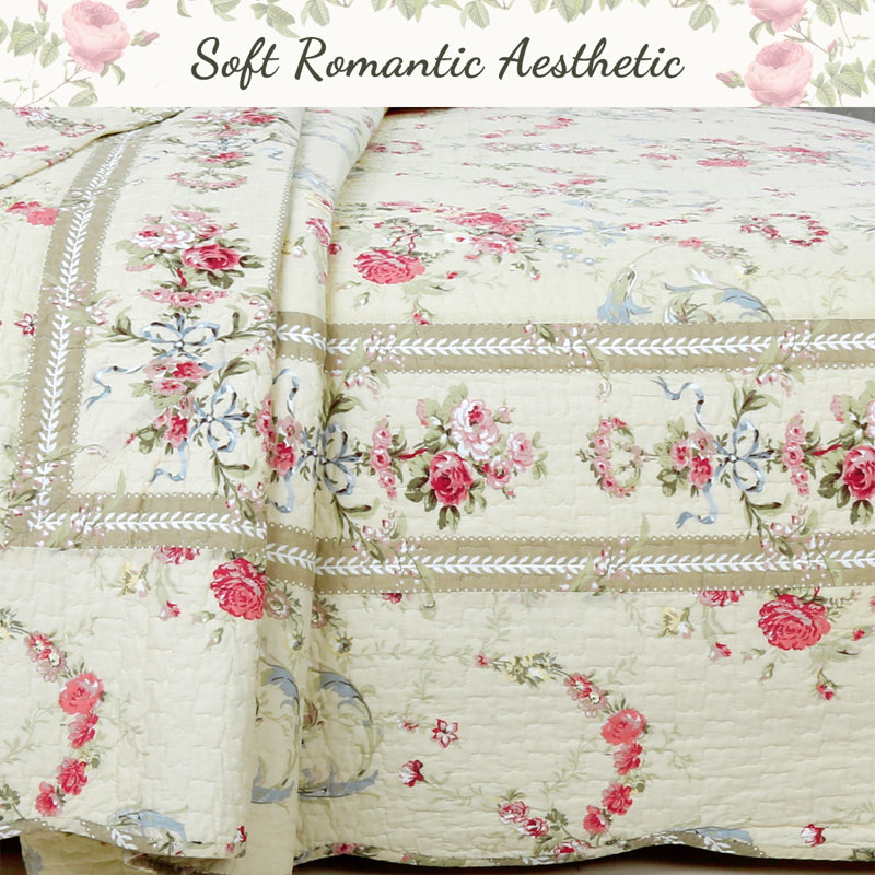 Ensemble de courtepointe réversible 100% coton Beige Romance, Courtepointe pour grand lit + 2 taies décoratives