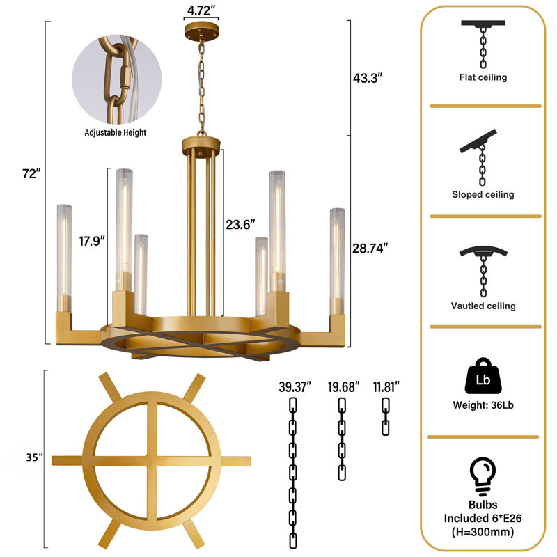 Krystaline 35"D Luxury Round Height Adjustable Black/Gold Wagon Wheel Chandelier(Bulbs Included), Brass