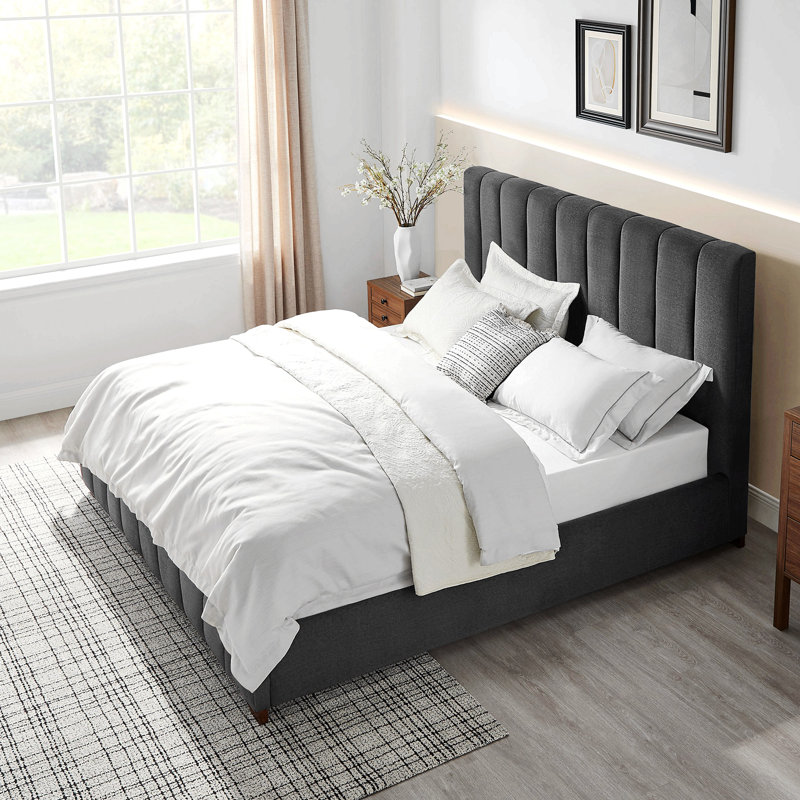 Base de lit plateforme moderne tapissier avec tête de lit, Grand, gris