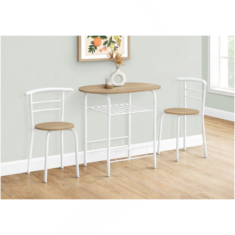 Ensemble de table de salle à manger, ensemble de 3 pièces, petit, L 32 po, cuisine, stratifié naturel, métal blanc, contemporain, moderne