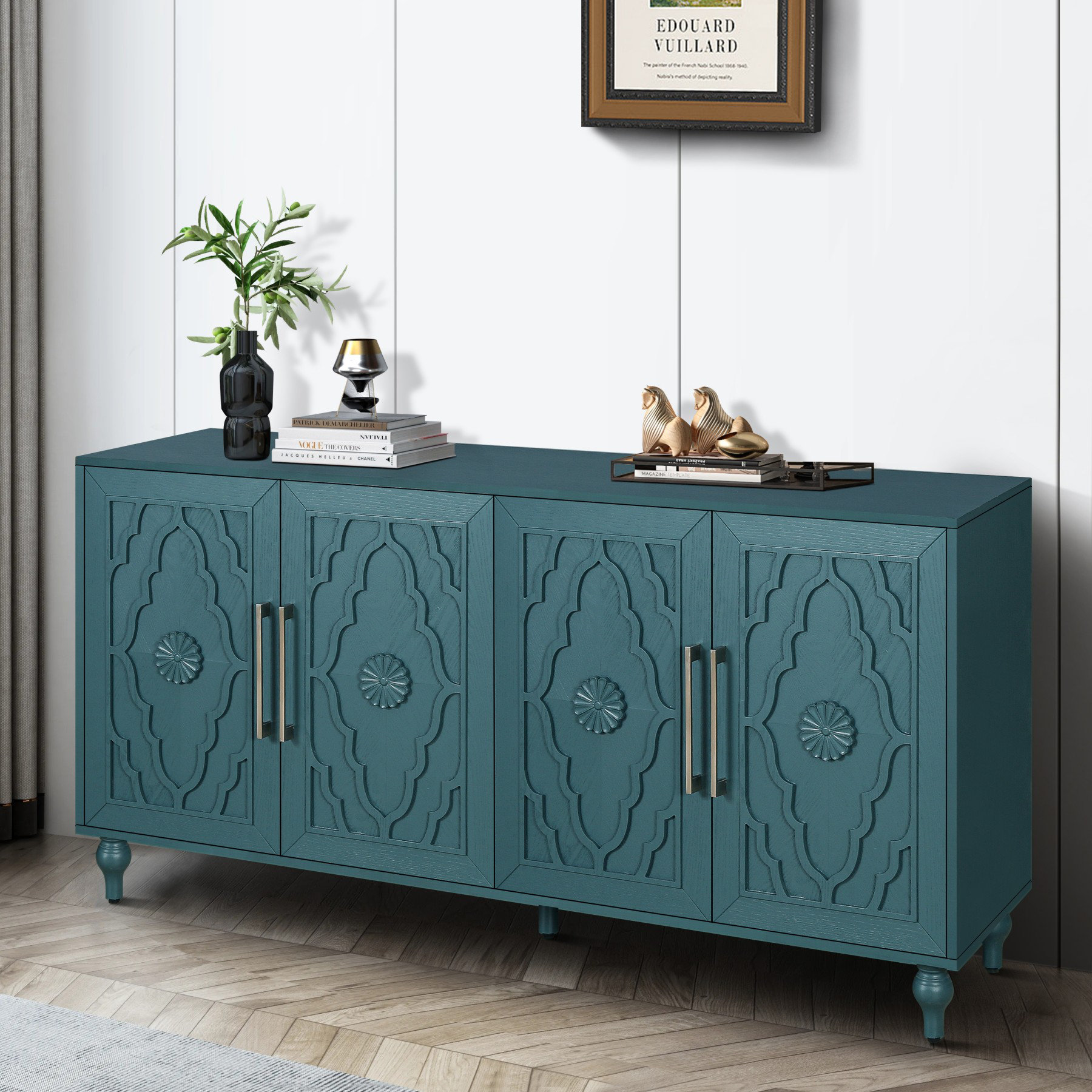Carved Flower Door Large Storage Cabinet - Black main image 1