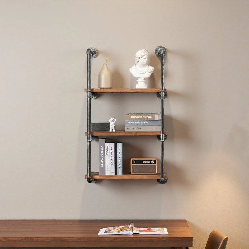 Étagère à tuyaux industrielle étagère en bois rustique moderne avec 3 niveaux de fixation murale