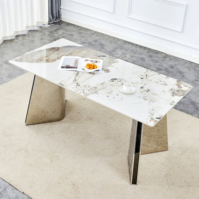 Table de salle à manger rectangulaire avec pieds en acier inoxydable, Blanc / Brun, Argent argent