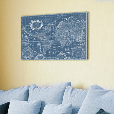 Vintage Blueprint World Map by Willem Bleau - Print on Canvas