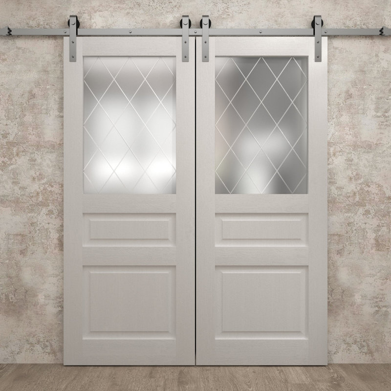 Porte de grange double moderne 56 x 96 pouces Ego 5011 Chêne blanc peint Ensemble de rails argentés de 13 pieds Portes intérieures à panneaux pleins