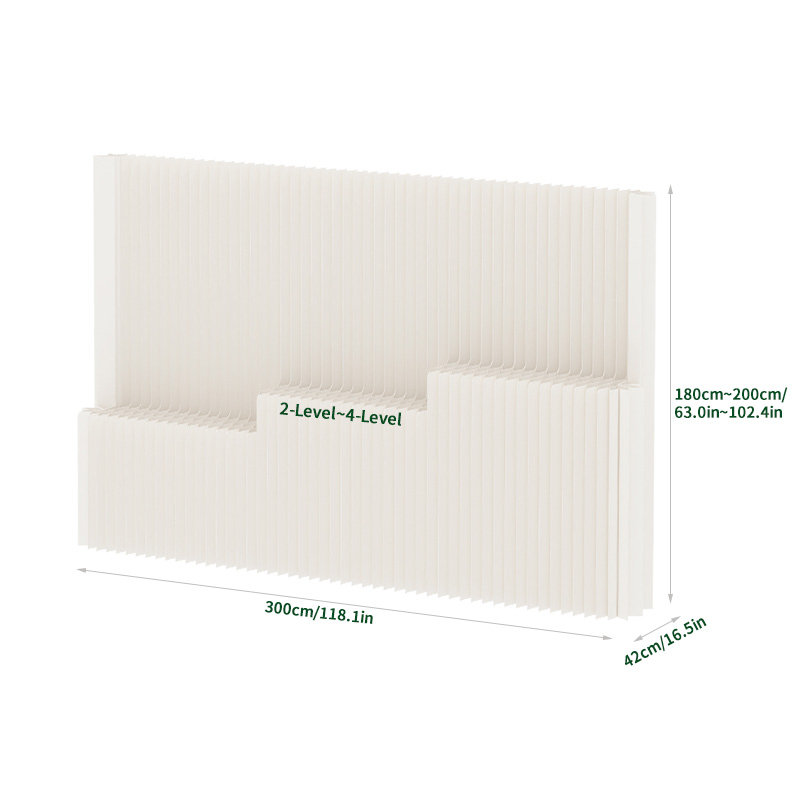 Étagère accordéon en papier alvéolé, autoportante et à plusieurs niveaux, cloison décorative pliable et modulable pour espaces résidentiels et commerciaux, version 4 niveaux, dimensions : H 200 cm × L 300 cm × P 42 cm