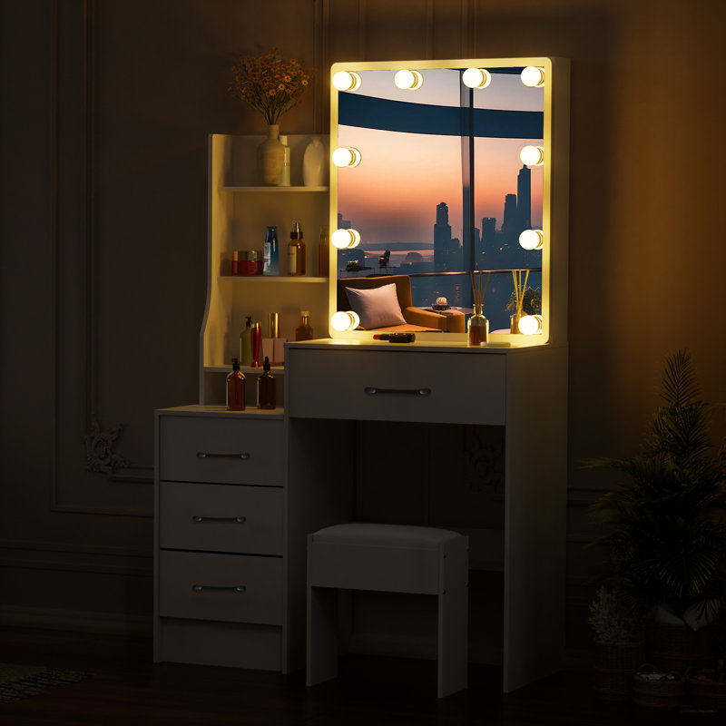 Rickisha Makeup Vanity Set with LED Lighted Mirror and Storage Drawers for Bedroom