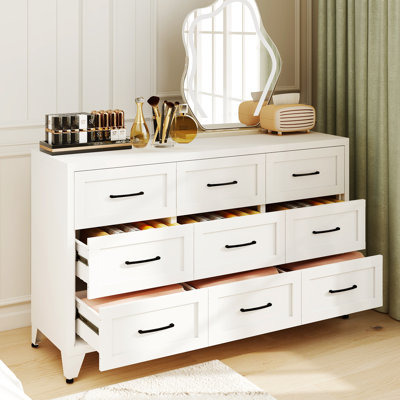 Commode 9 tiroirs en métal blanc Mak Peace, grande commode de rangement moderne pour le salon, le couloir et la chambre