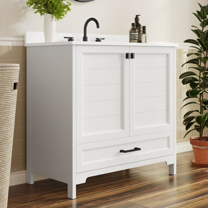 Meuble-lavabo de salle de bain avec lavabo encastré, armoire et tiroir, Blanc, Noir mat