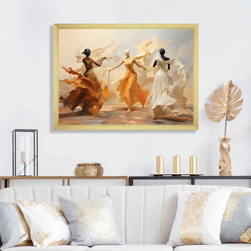 Danse jaune et blanche, ensemble I - Danse, art mural, H 16 po x l 32 po x P 1 po, Toile encadrée, Doré