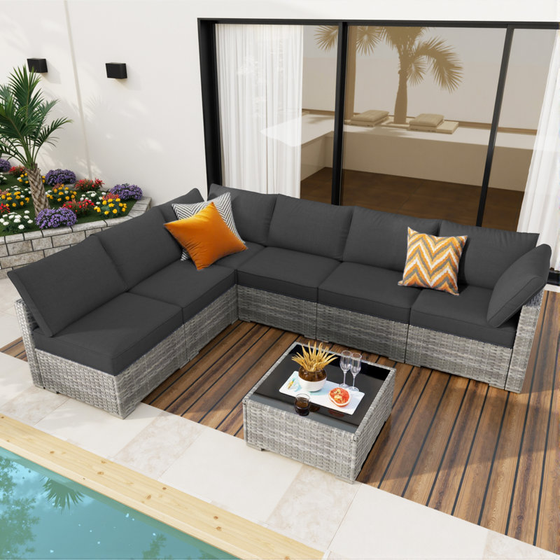 6 - Person Patio Furniture Set, Outdoor Wicker Rattan Sectional Seating Group With Cushions, All Weather Sofa Conversation Set With Coffee Table For Garden Backyard