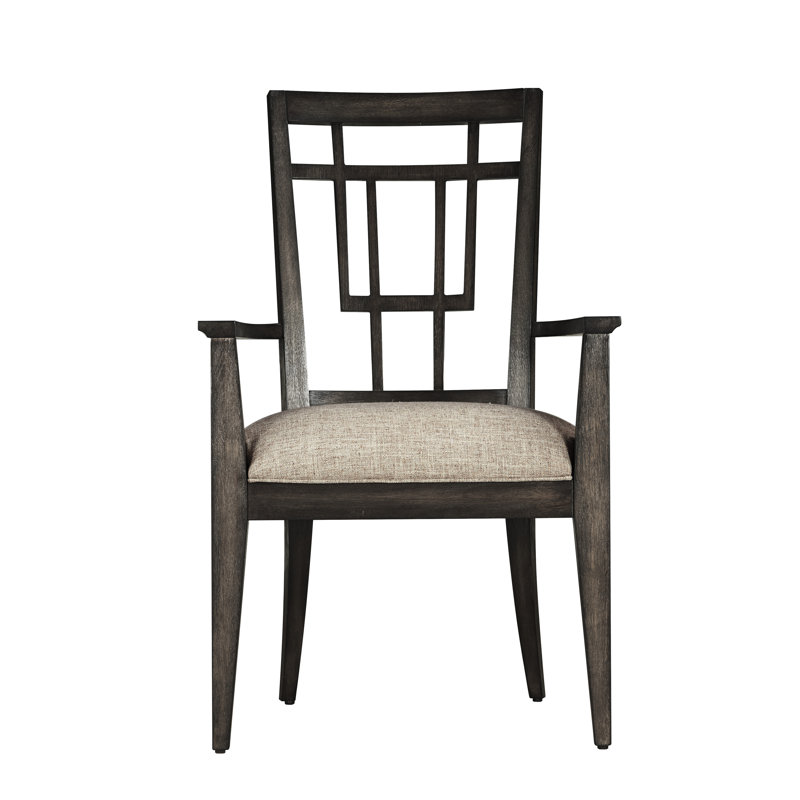 Espresso Brown Linen Upholstered Wooden Arm Chair