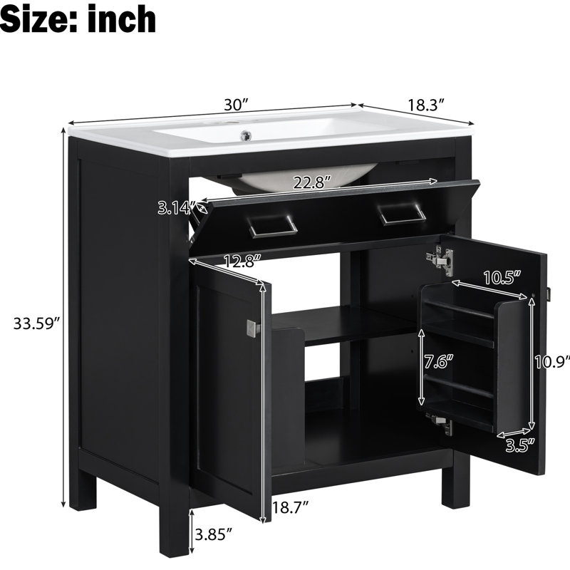 Meuble-lavabo de 76 cm avec lavabo en céramique, armoire noire moderne, 2 portes et étagère en forme de U pour un rangement optimal, espace optimisé