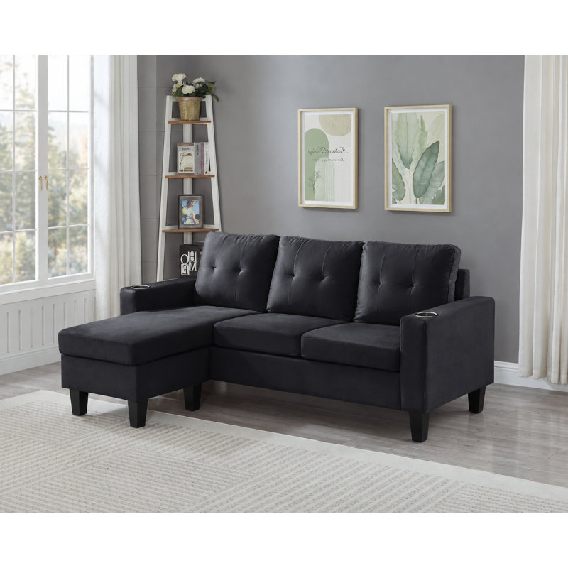 Canapé modulaire réversible avec repose-pieds, canapé modulaire rembourré en velours, canapé en L compact et moderne, noir