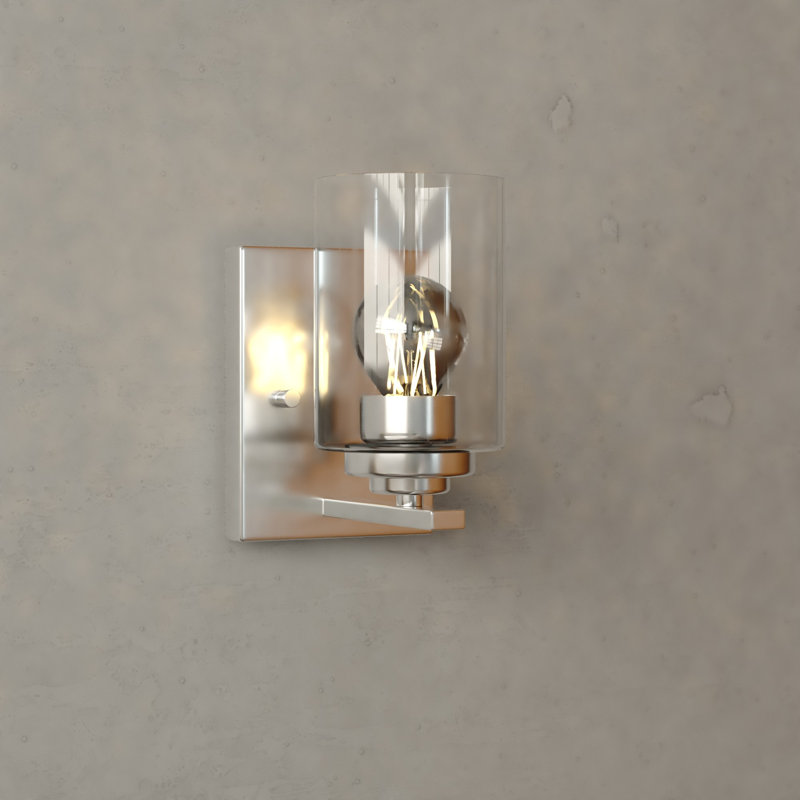 Hitchin Transitional Bathroom Vanity Lighting Fixture, Clear Glass Cylinder Shade, Dimmable, LED Compatible, Reversible Over The Mirror Mounted Steel Wall Sconce