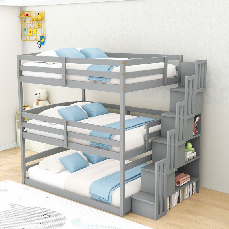 Lit superposé double avec accoudoirs et tablettes, gris