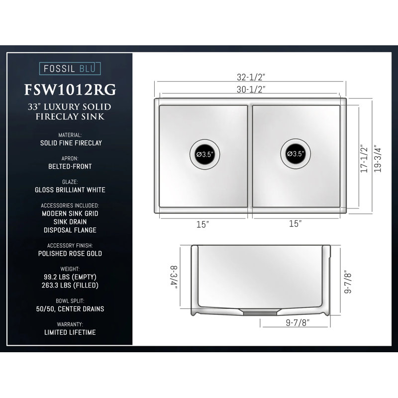 32.75" L x 19.88" W Double Basin Farmhouse Kitchen Sink with Accessories, Polished Rose Gold Accessories