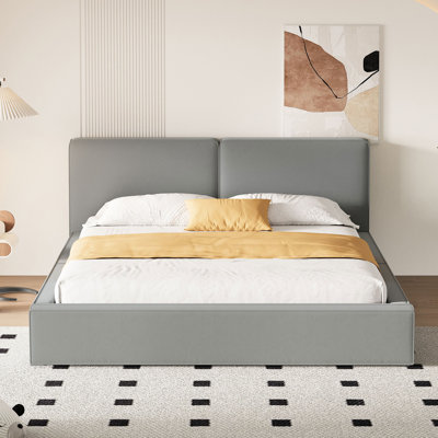 Grand lit plateforme avec velours gris doux - Construction rembourrée élégante et stable