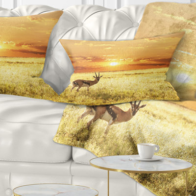 African Solitary Antelope in Grassland Landscape Lumbar Pillow