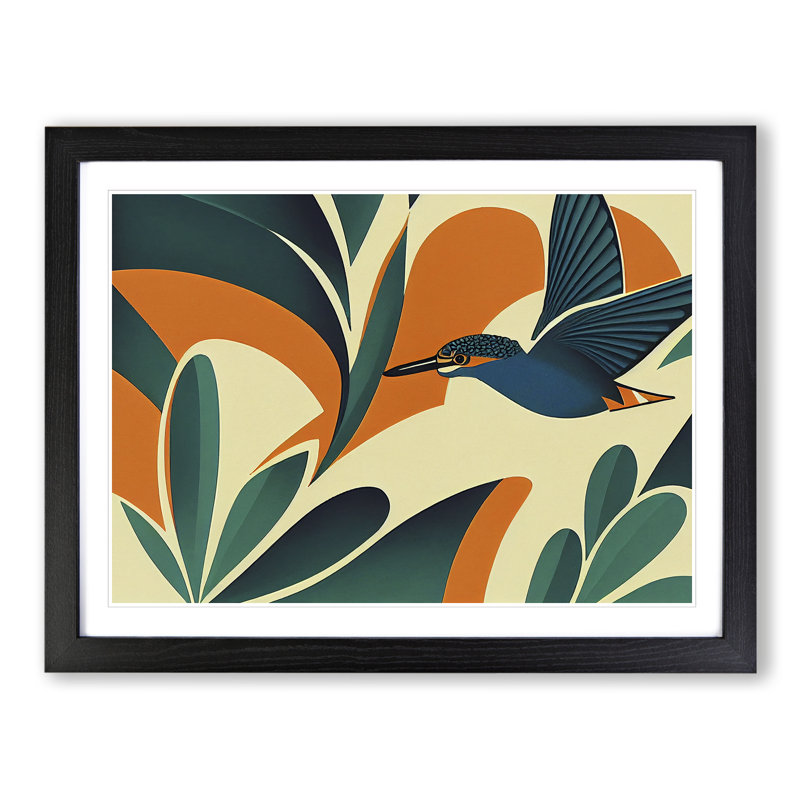Art Deco Kingfisher Bird - Single Picture Frame Print, 46cm H x 64cm W, Black