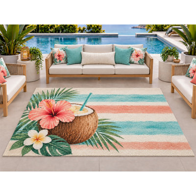 5’ x 7’ Outdoor Area Rug Tropical Coconut Hibiscus Striped Coastal, Heavyweight Waterproof PVC Coil Loop Carpet, Quick Dry Indoor Outdoor r Mat for Porch Deck Entryway Large Doormat