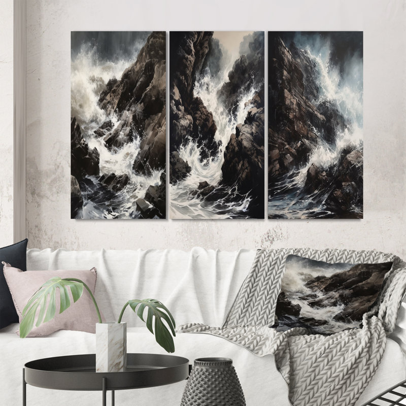 «Crashing Rocky Coastline», 3 pièces sur toile, H 32 po x l 48 po, Toile tendue