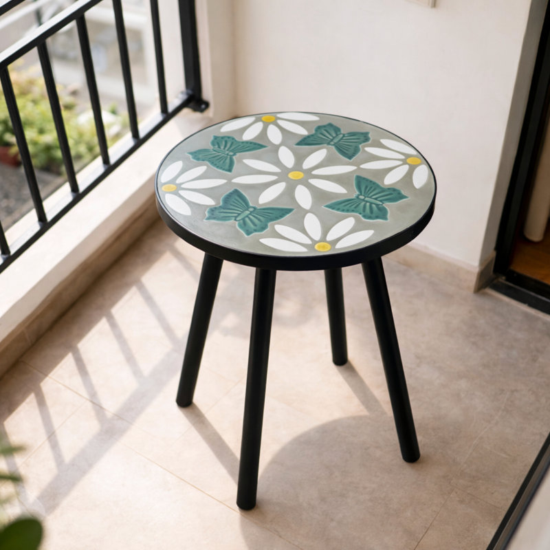 Plateau de table rond en céramique Onyx, Mosaïque blanche / papillon et marguerite