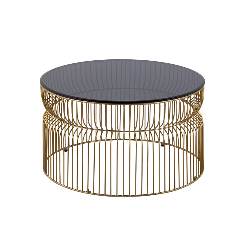 Table basse ronde de 30 po, finition dorée, style contemporain moderne avec verre trempé teinté et structure en métal ouverte pour les petits espaces