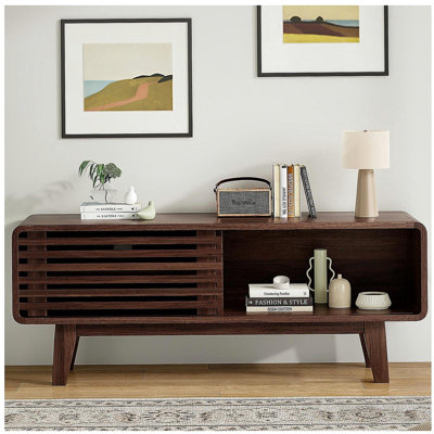 Meuble télé pour téléviseur de 59 po ou moins, centre de divertissement avec armoire de rangement et porte coulissante, console de style Mid-Century pour le salon et la chambre à coucher