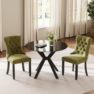 Round Clear Dining Table Set for 2-4, Modern Kitchen Table and Chairs with Velvet Tufted Chair for Dining Room, Small Space, Apartment
