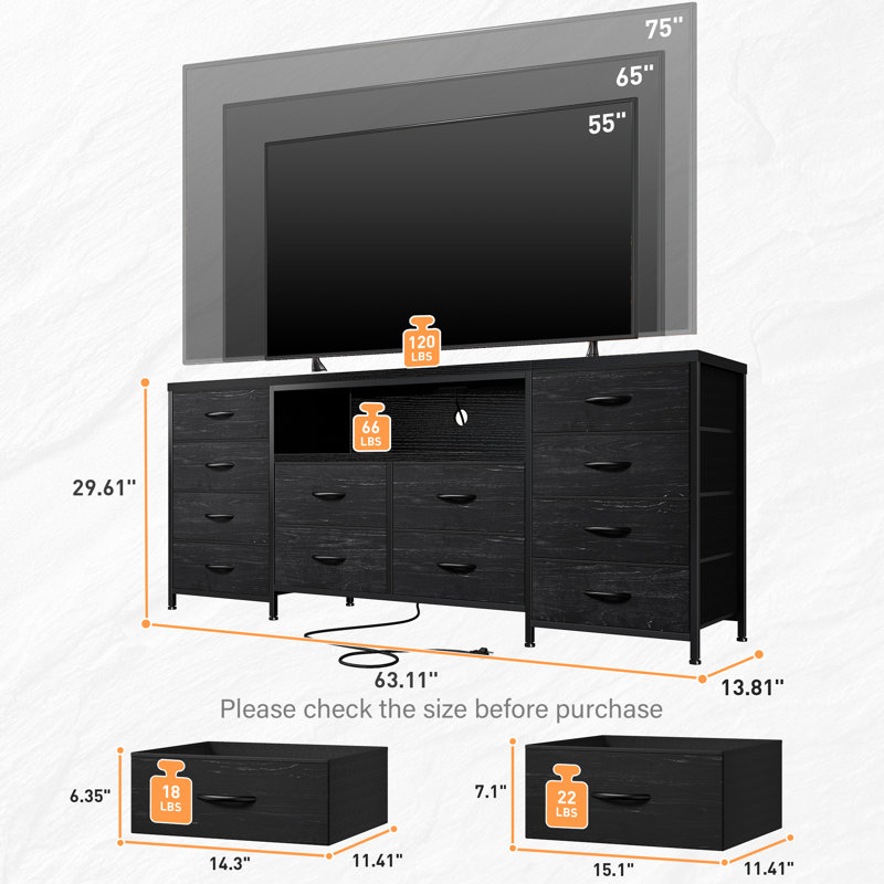 Meuble télé 63 po avec commode 12 tiroirs en tissu pour la chambre à coucher, commode longue avec lumières DEL et prises de courant