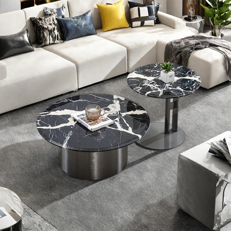 Round marble coffee table set, Black/White, 13.8" H x 35.4" L x 35.4" W, Gray