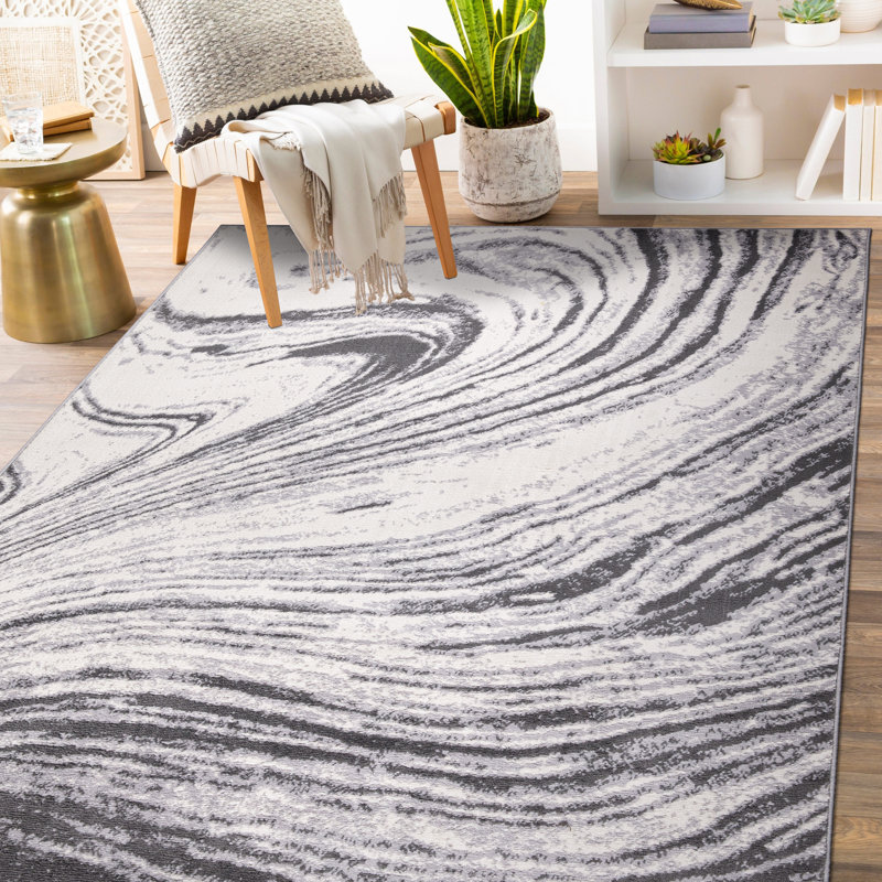 Tapis gris / ivoire à motif abstrait Dementrius, Rectangle 5 pi x 7 pi