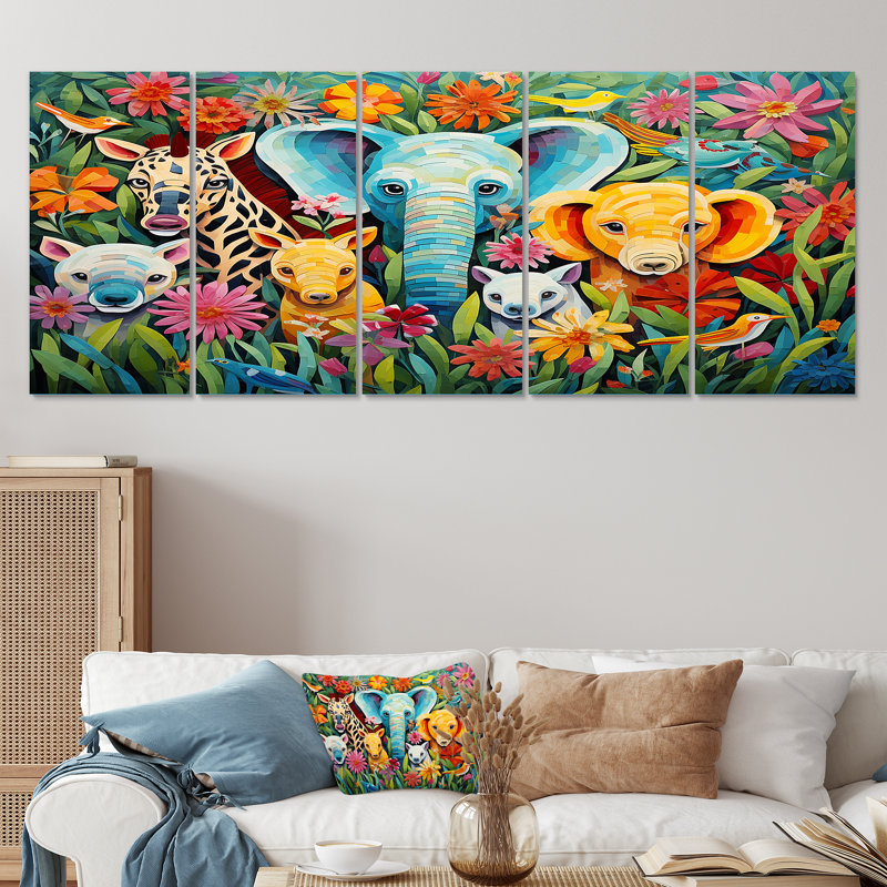 Colourful Cute Animal Nursery III - Animal Nursery 5 Piece Wall Art Decor, 32" H x 80" W