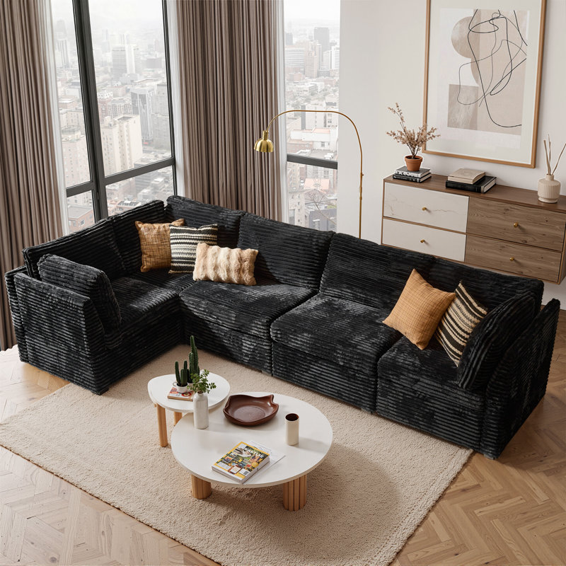 5-Piece Upholstered Corduroy Sectional, Black Corduroy