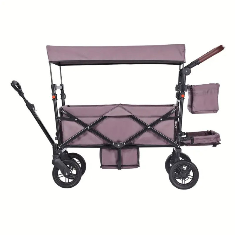 Poussette pliable à roulettes pour 2 jeunes - mauve foncé / noir, poignée réglable, pavillon amovible, freins à 4 roues, structure en métal, aucune électricité nécessaire, poches latérales et conception compacte, commodité parentale | Auvent en tissu durable