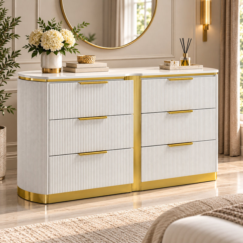 Eward 6-Drawer Dresser in White and Gold