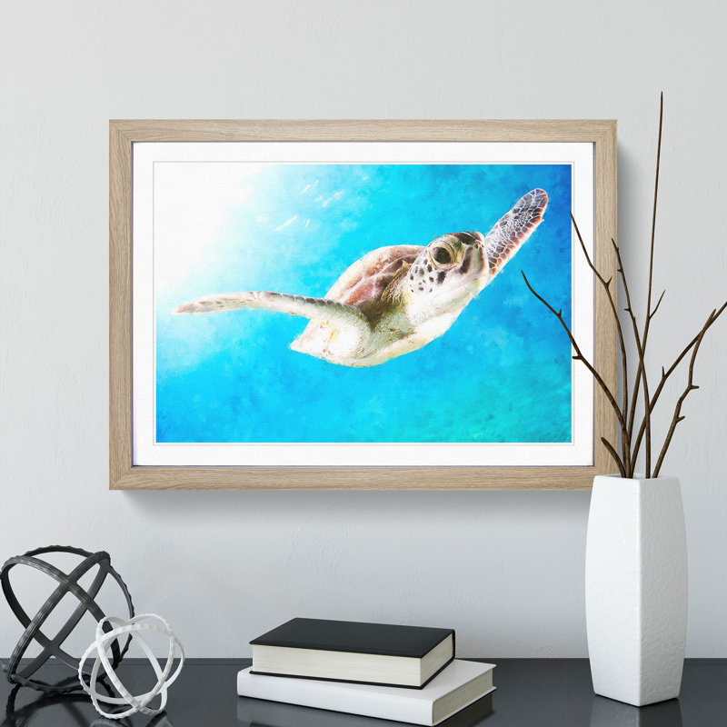 Green Turtle - Picture Frame Graphic Art Print, Oak Framed, 45cm H x 63cm W x 2cm D