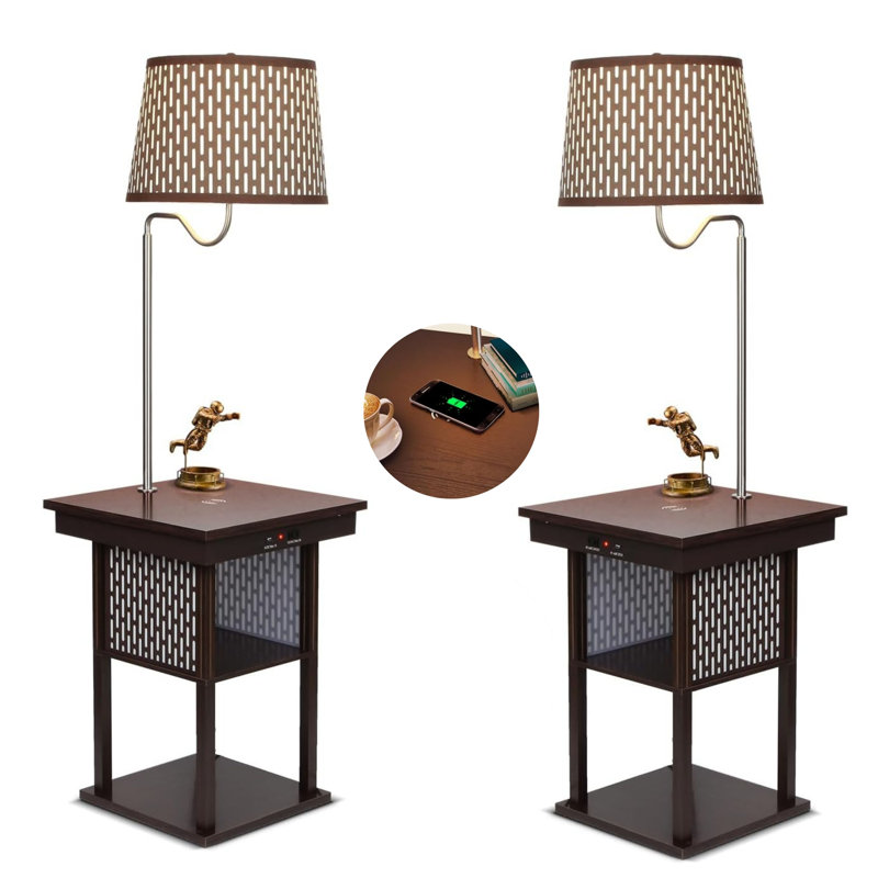 Madison 56 in. Modern LED Bedside Table Lamp with Fabric Drum Shade and Wireless Charging Pad - Bundle Set of 2, Brown, Brown
