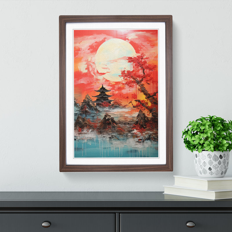 Japanese Sunset Gestural No.2 - Single Picture Frame Print on Wood, Walnut Framed, 46cm H x 34cm W x 2cm D