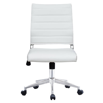 Scandinavian Minimalist Ergonomic Office Desk Chair Mid Back Ribbed PU Leather Armless Conference Task Chair with Swivel Tilt & Adjustable Height, White