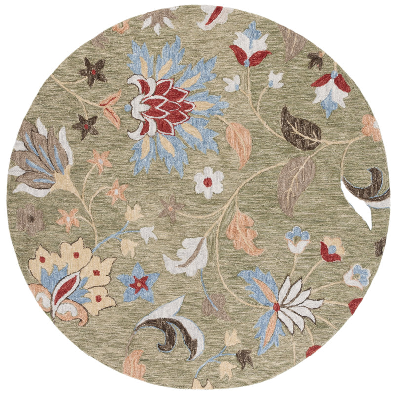 Jardin Handtufted Wool Cotton Floral Rug in Green/Blue, Round 6"