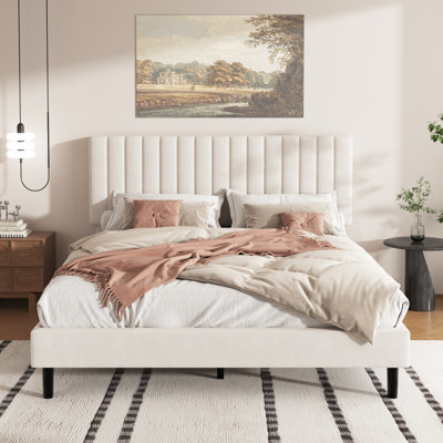 Structure de lit double, lit plateforme tapissier en velours avec tête de lit, lattes de bois robustes, aucun sommier tapissier, sommier anti-bruit, rayures verticales, assemblage facile, beige