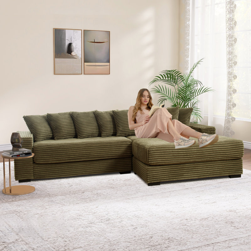 Gus 111"W 2 - Piece Luxury Corduroy Sectional, 8 Cuddle Cushions, Olive, Right Hand Facing