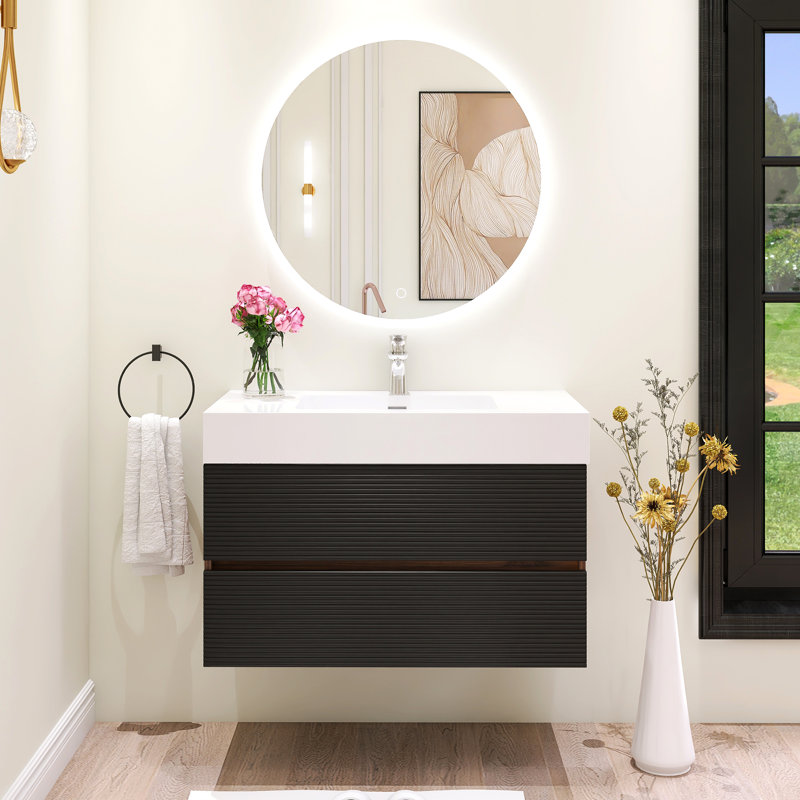 Meuble-lavabo mural moderne 36 po avec lavabo simple en résine, Blanc lustré