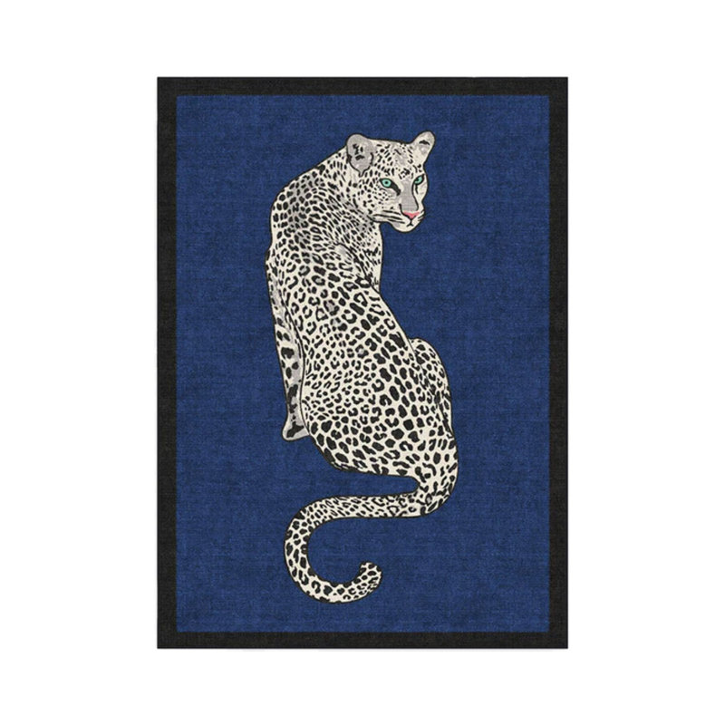 Tapis tissé bleu marine à motif léopard, Rectangle 3 pi 9,81 po x 4 pi 11,06 po