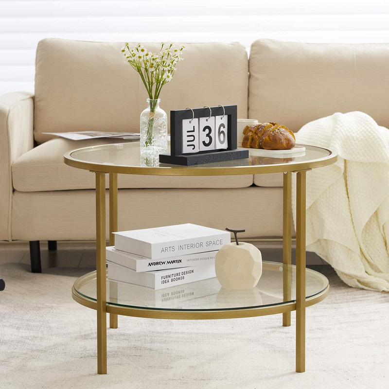 VINGLI Double Coffee Table Round Glass 78*78*49Cm, Champange Gold